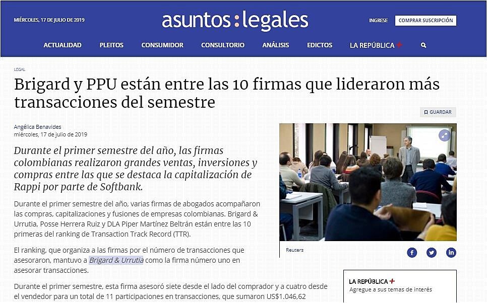 Brigard y PPU estn entre las 10 firmas que lideraron ms transacciones del semestre